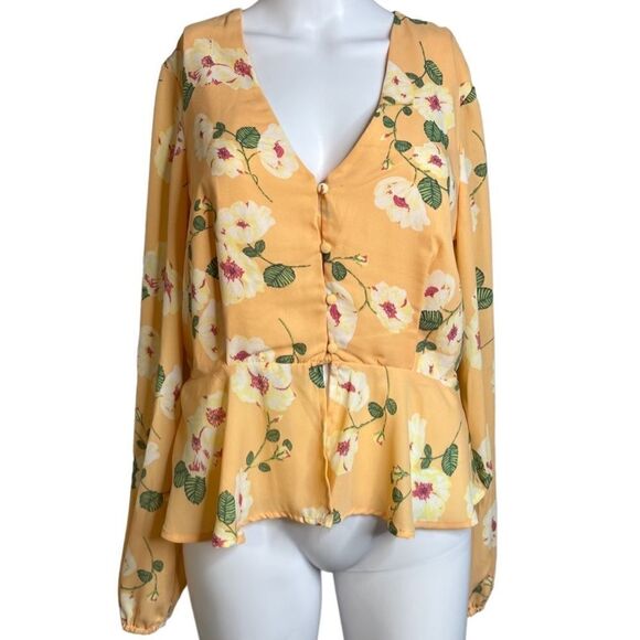 Leith Floral Long sleeve Peplum Button down Blouse Yellow Orange Medium - Picture 1 of 4